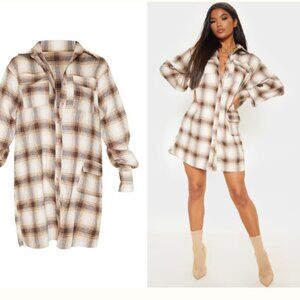 Pretty Little Thing Plaid Check Pocket Shirt Dress Beige Brown Flannel Size 8